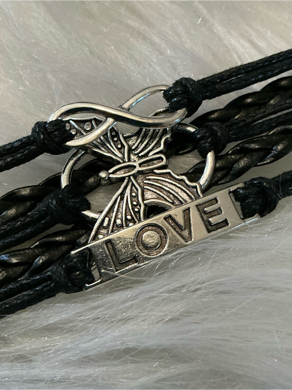Black/silver butterfly infinity love bracelet
